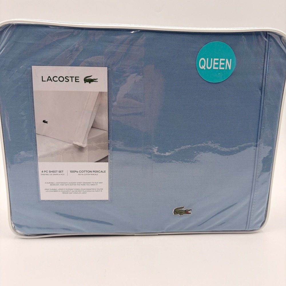 Lacoste Queen 4pc Sheet Set Allure Blue 100% Cotton Percale